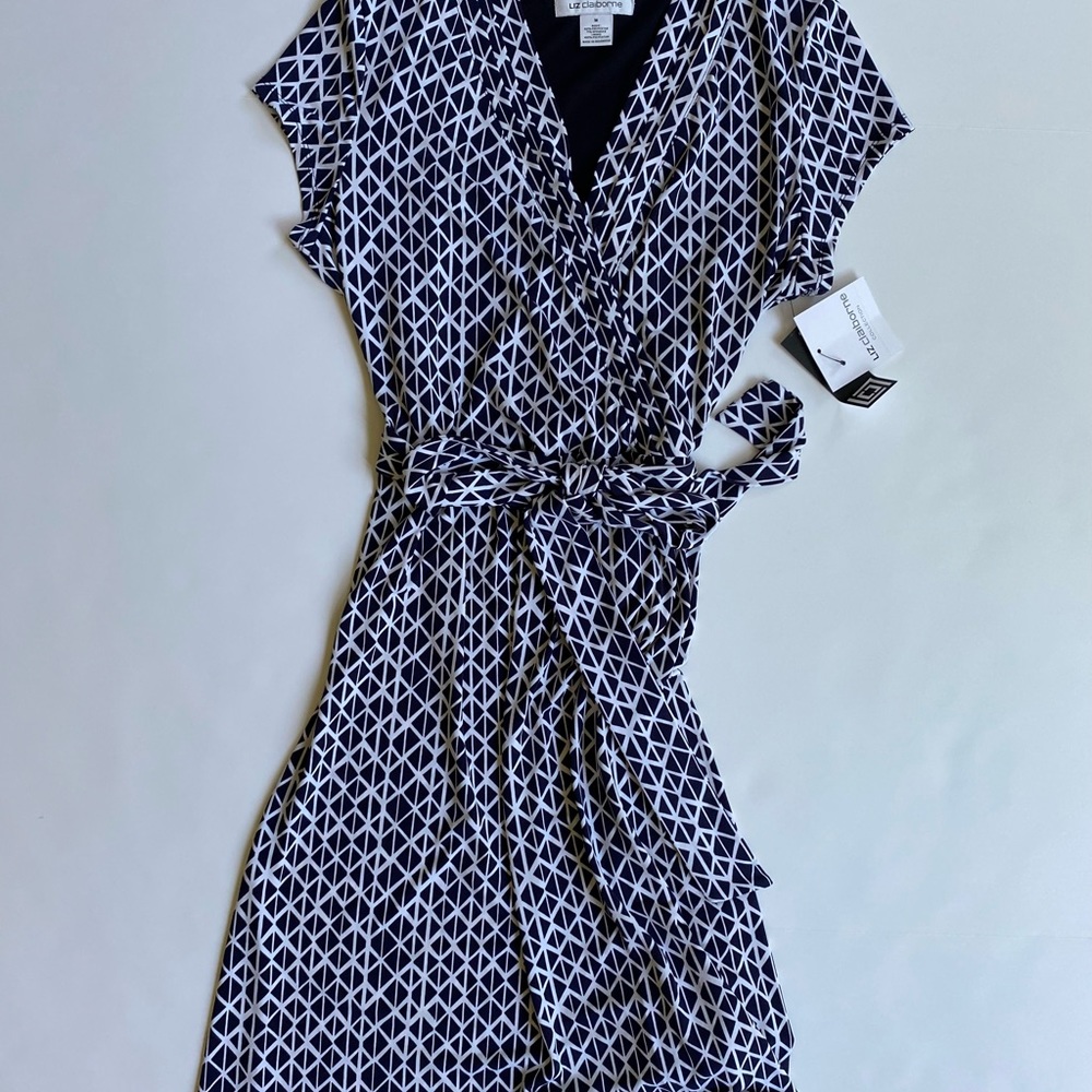 Navy blue and white faux wrap dress